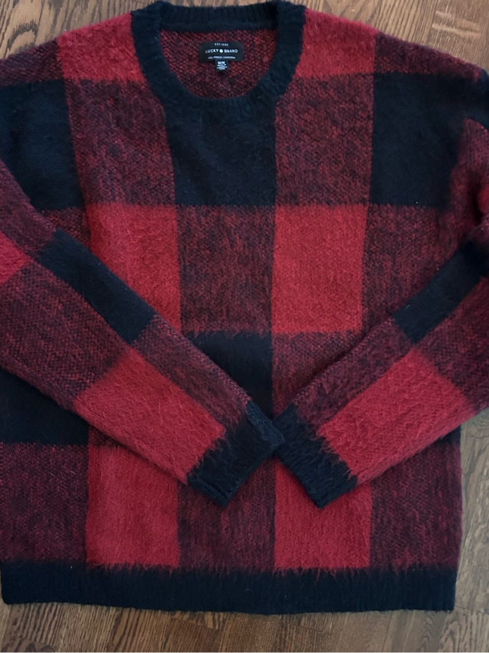 Lucky Brand Women’s Red and Black Buffalo Plaid Crewneck Sweater Medium